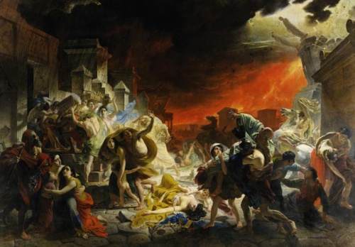 1800年代半ばの絵画「ポンペイ最後の日」は、西暦79年のベスビオ火山噴火の様子を描いたもの。（Painting Karl Brullov, The Artchives, Alamy Stock Photo）