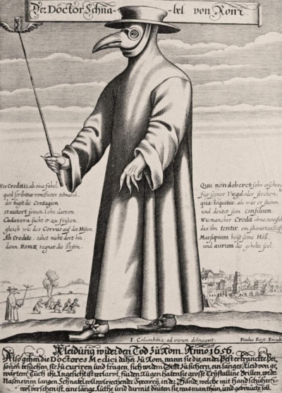 1656年に描かれたローマの医師。ヨーロッパにおける17世紀のペストの大流行の際、医師は、クチバシ付きマスク、革手袋、長いコートを着用し、感染を防ごうとした。不吉で象徴的なその姿は、今日でもよく知られている。（PHOTOGRAPH BY ARTEFACT, ALAMY）