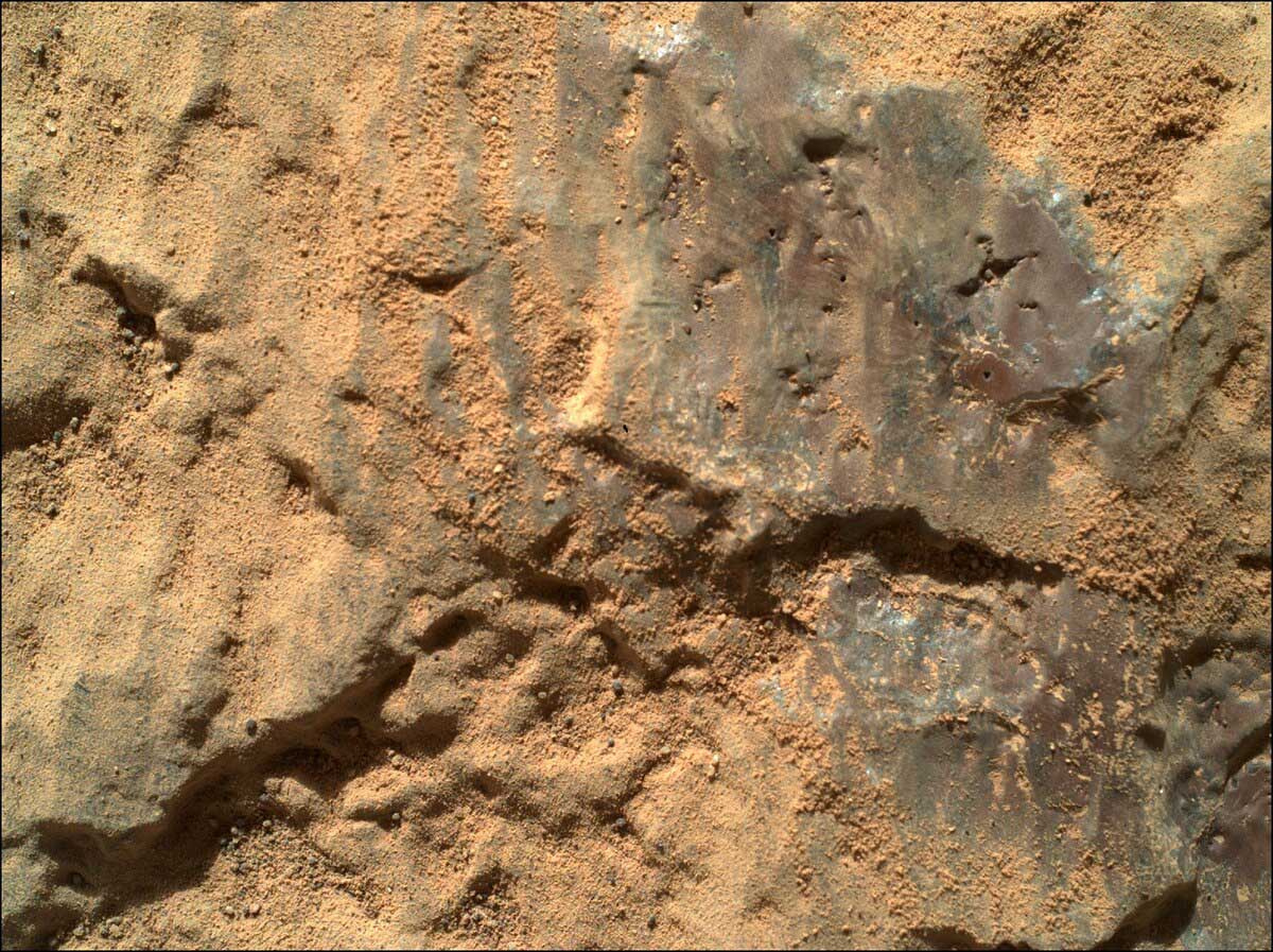 NASAの火星探査車「パーシビアランス」が 2021年5月に撮影した「ナターニ」という岩の写真。写真の右側に紫色を帯びた部分が見える。紫色の被覆に穿たれた5個の小さな孔（右上）は、岩の組成を調べるためにレーザーを照射した跡だ。（PHOTOGRAPH BY NASA, JPL-CALTECH）