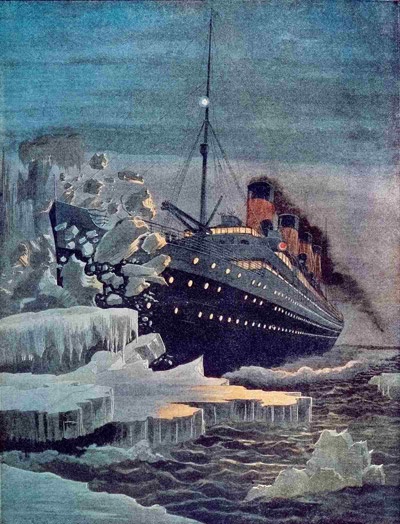 氷山に衝突するタイタニック号を描いた絵。実際には、船の側面が氷山をかすった程度だったとされている。（ALBUM / ART RESOURCE, NY）