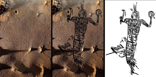 A photo of a mural of a person who came in a ceremonial costume (left). An illustration superimposed on a photo (center). The illustration itself (right). Even if you lie down on the ground of the cave, you cannot see the whole figure that is over 180 cm tall.  (PHOTOGRAPH BY STEPHEN ALVAREZ; ILLUSTRATION BY JAN SIMEK)