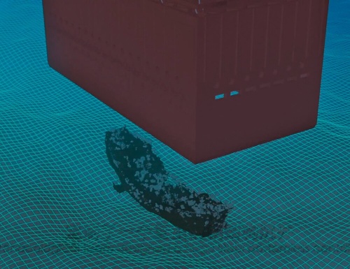 ケーソン(水中作業用の大型コンテナ)を沈没地点に降ろす。(MARITIME SILK ROAD MUSEUM GUANGDONG)