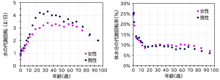（左）体の水の出入り量「代謝回転」と、（右）体の水分量で割った「代謝回転率」。年齢とともに変化している。いずれも平均値で、実際には個人差が大きい（同研究所提供）