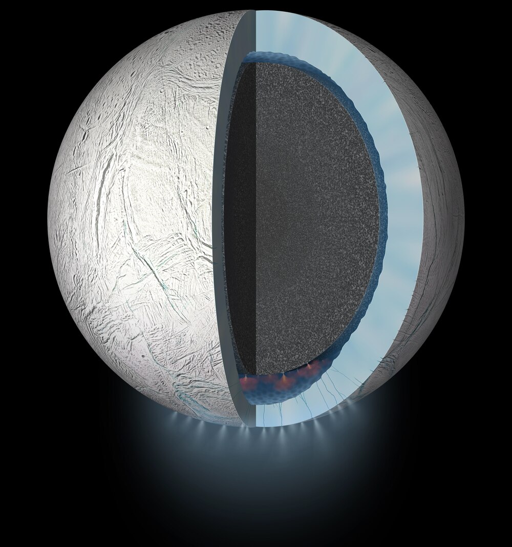 エンケラドスの断面のイラスト。土星探査機カッシーニの観測により内部海の存在が明らかになり、熱水活動が起きている可能性が高いこともわかった。（ILLUSTRATION BY NASA/JPL-CALTECH）