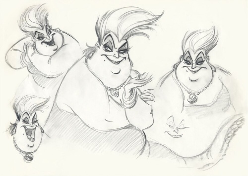 1989年のアニメ版製作の際に、ディズニーのアニメーターで監督のジョン・マスカー氏が描いたアースラのスケッチ。アニメのアースラが作り上げられた過程を見ることができる。((c)DISNEY)