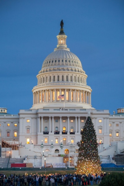キャピトル・ヒル西側の芝生の公園に飾られたクリスマスツリーの点灯を見守る人々。(PHOTOGRAPH BY RICHARD T. NOWITZ)