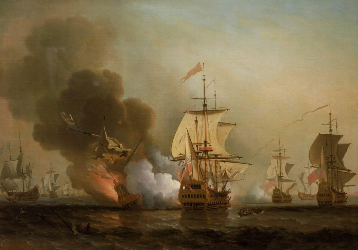 英国の画家、サミュエル・スコットが描いた1708年の海戦。62門の大砲を持つスペインの軍艦サンホセ号は、コロンビア沖で英国艦隊に撃沈された。サンホセ号には、最大200トンの銀、金、宝石の原石が積まれていたと言われている。（PHOTOGRAPH COURTESY THE PICTURE ART COLLECTION, ALAMY STOCK PHOTO）