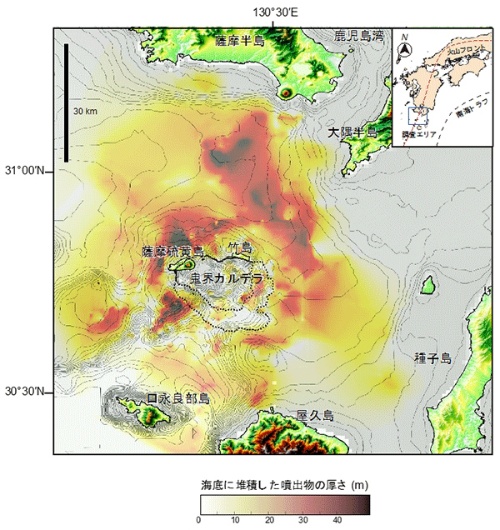 アカホヤ噴火で海底にたまった噴出物の分布と厚さ(神戸大学提供)