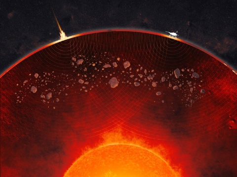 火星断面の想像図(縮尺は不正確)。地殻の下にあるマントルに、太古の天体衝突でできた岩石の破片が散在している。地表の左側の明るい部分は、天体が衝突して内部に地震波が生じる様子、右側はインサイトの機体を示している(NASA、米カリフォルニア工科大学提供)