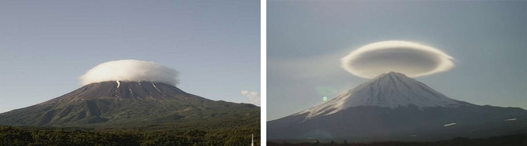 富士山にできた笠雲。（左）接地笠（右）離れ笠（筑波大学、情報通信研究機構提供）