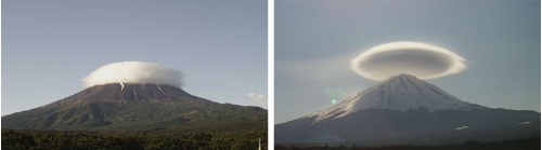 富士山にできた笠雲。(左)接地笠(右)離れ笠(筑波大学、情報通信研究機構提供)
