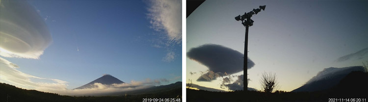 つるし雲。（左）楕円型（右）翼型（筑波大学、情報通信研究機構提供）