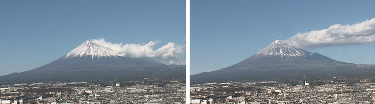旗雲。（左）馬のたてがみ型（右）積雲列型（筑波大学、情報通信研究機構提供）