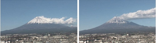 旗雲。(左)馬のたてがみ型(右)積雲列型(筑波大学、情報通信研究機構提供)